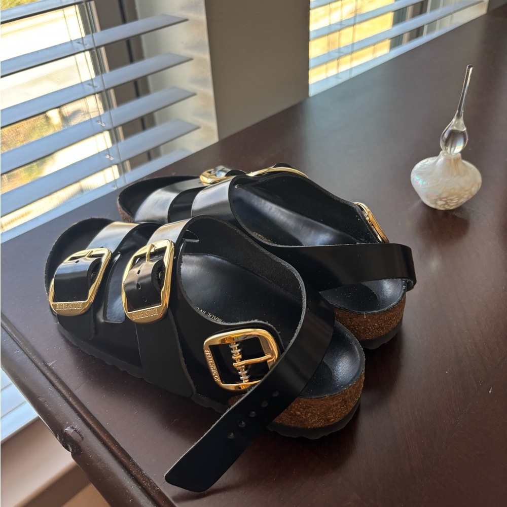 Birkenstock Black Sandals with Gold Buckles